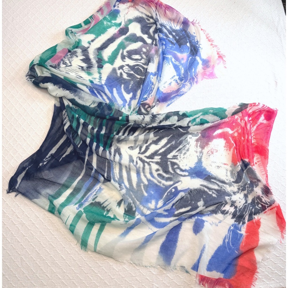 Vibrant Multi-Color Tiger Print Lightweight Scarf with Frayed Edges
